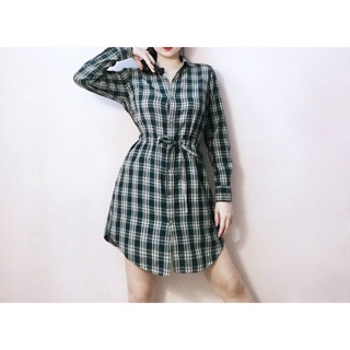 Đầm sơmi caro nỉ cột dây eo