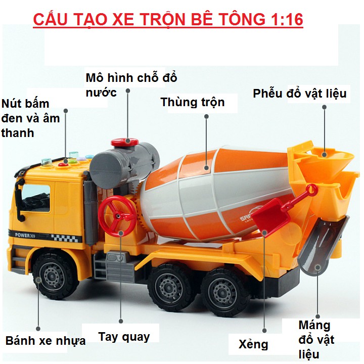 Xe trộn bê tông có tay quay thùng trộn tỉ lệ 1:16 chạy đà có âm thanh và đèn