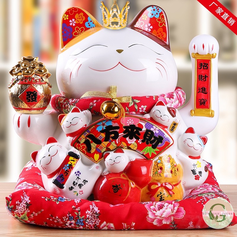 Mèo Thần Tài Mèo Vẫy Tay Mèo Đế Vương Chiêu Tài Lộc Phong Thủy Gốm Sứ Cao Cấp 25cm