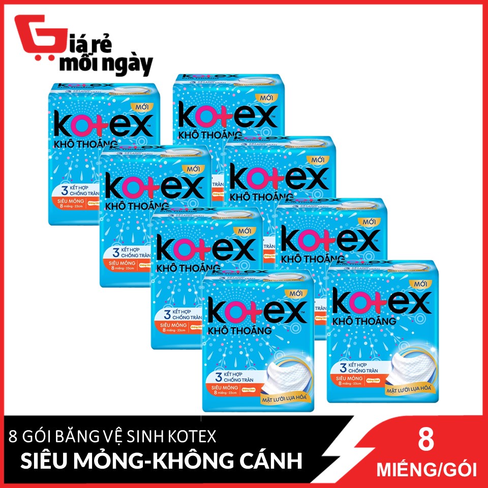 Combo 8 Băng Vệ Sinh Kotex Khô Thoáng 23cm Siêu Mỏng Không Cánh 8 Miếngx8