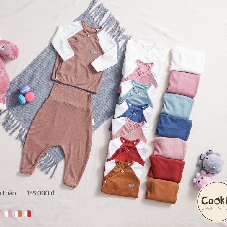 Bộ Cài Chéo Liền Thân Phối Tay Trắng Cookie Cho Bé Sơ Sinh