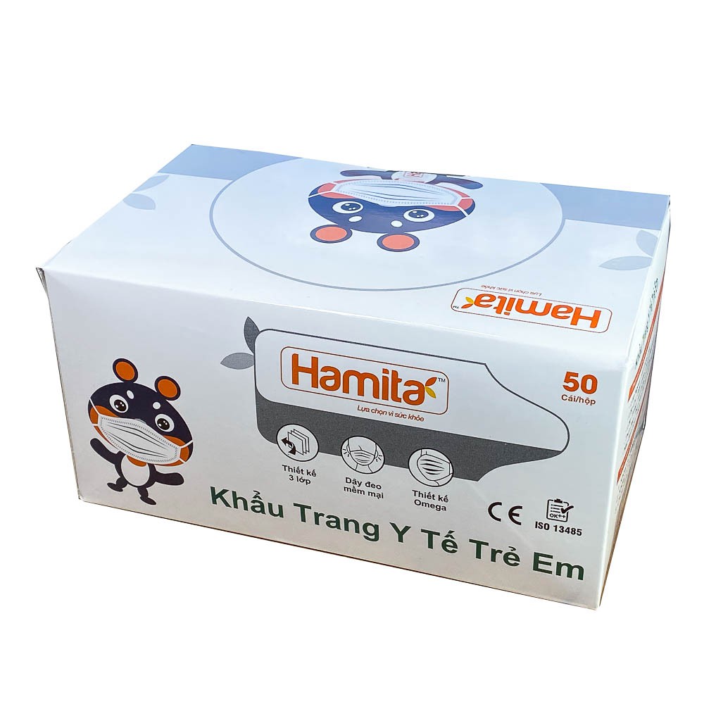 Khẩu trang y tế trẻ em HAMITA - Hộp 50 cái, 3 lớp, dây đeo mềm, thiết kế omega