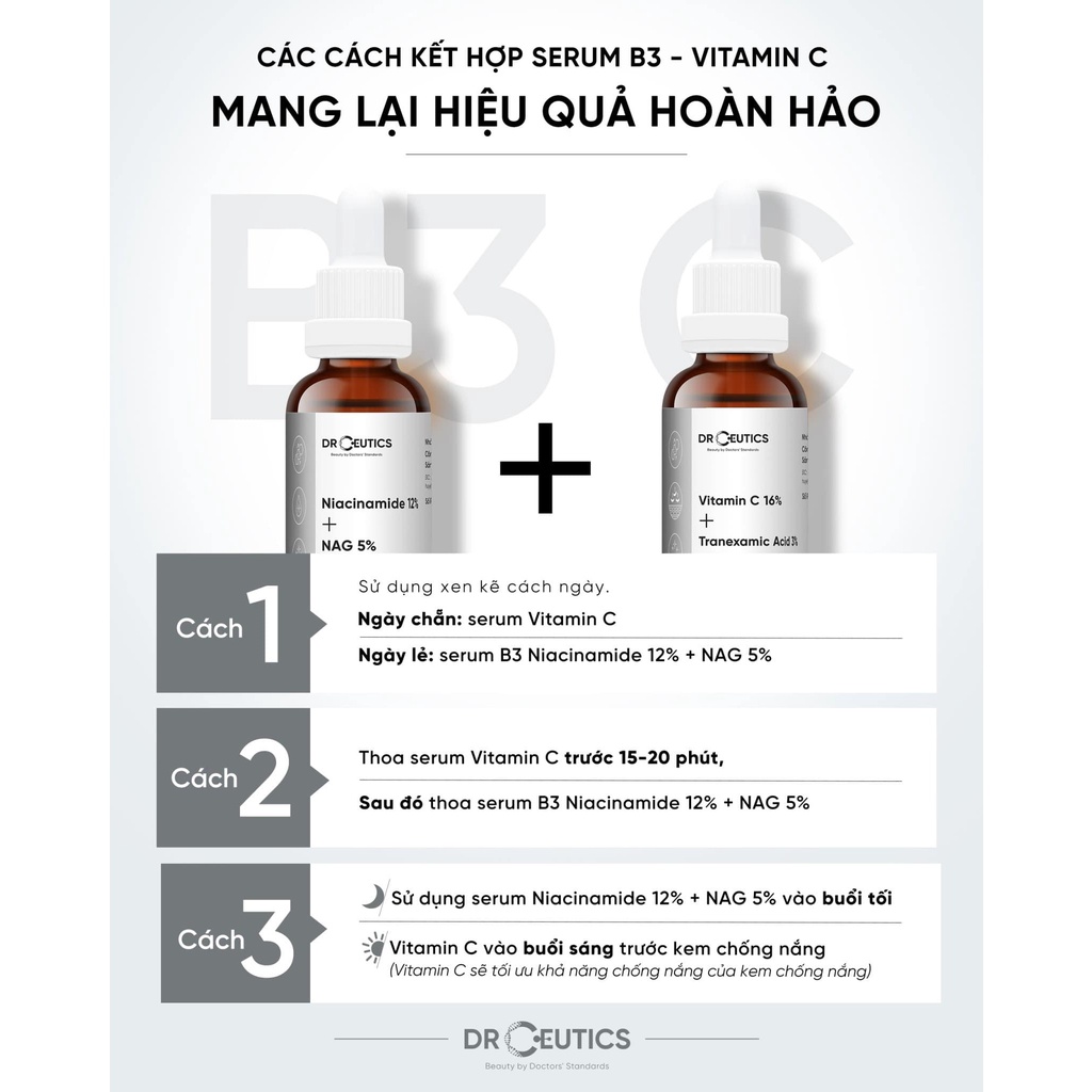 Combo 2 Sản Phẩm Giúp Da Căng Bóng, Chắc Khoẻ DrCeutics ( Vitamin C 16% 30ml,  Niacinamide 12% 30ml)