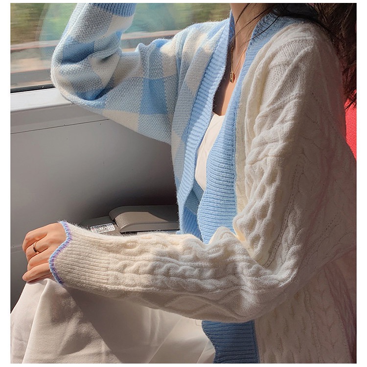 Áo khoác sweater vải cotton kẻ màu xanh mềm mại cho nữ