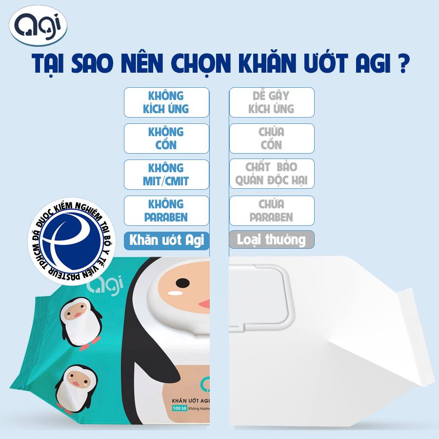 Khăn giấy ướt Agi, KHÔNG MÙI, 100 tờ, KHÔNG CỒN, an toàn cho bé yêu