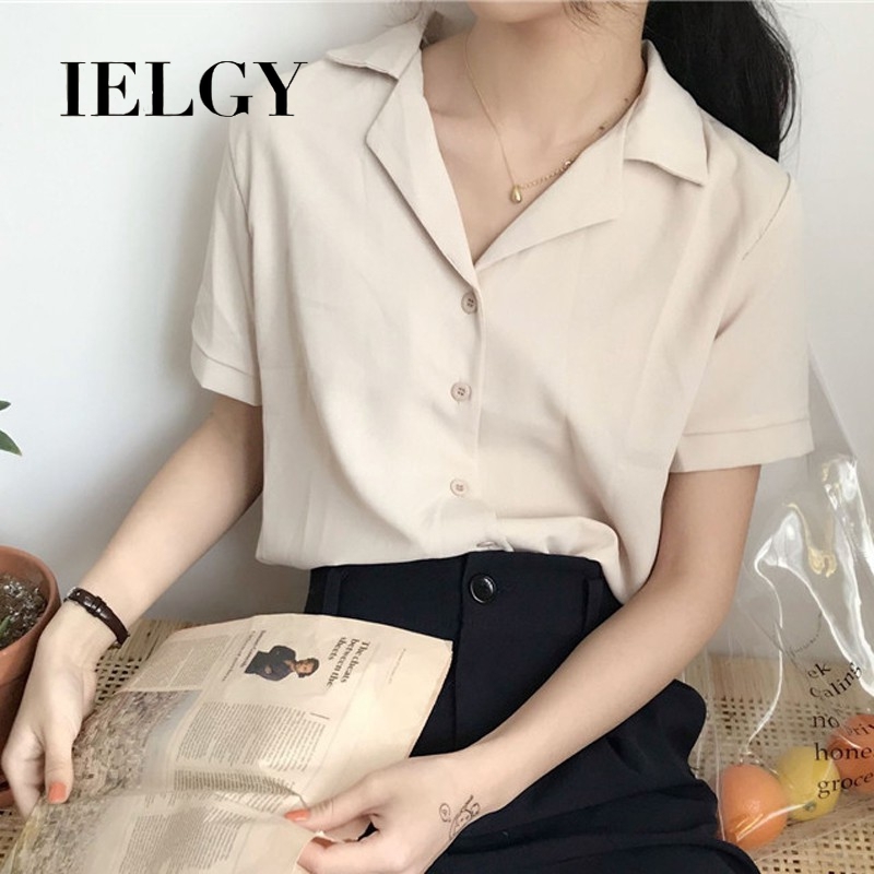 Áo sơ mi IELGY vải chiffon tay ngắn cổ chữ V thời trang cho nữ