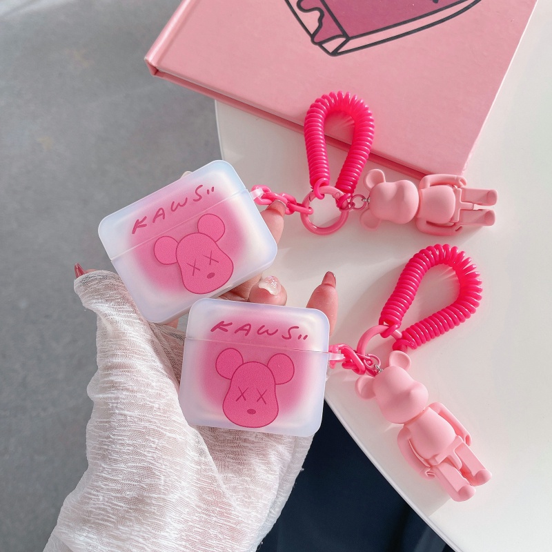 Vỏ Bảo Vệ Hộp Sạc Tai Nghe Apple AirPods 1 2 3 Pro Hình Vuông Màu Hồng Mờ Họa Tiết KAWS Dễ Thương
