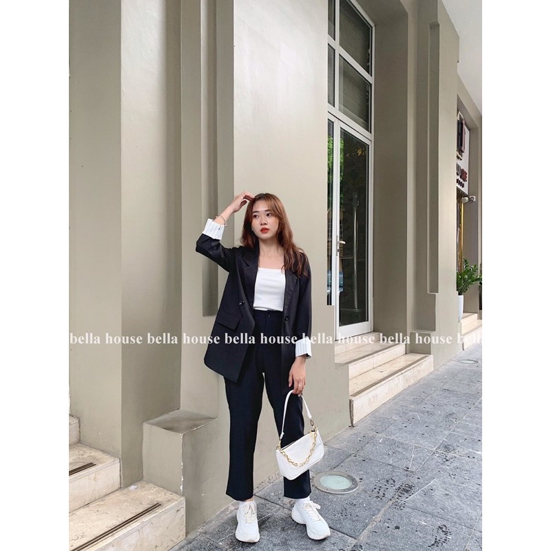 Áo blazer đen tay phối kẻ & quần baggy | BigBuy360 - bigbuy360.vn