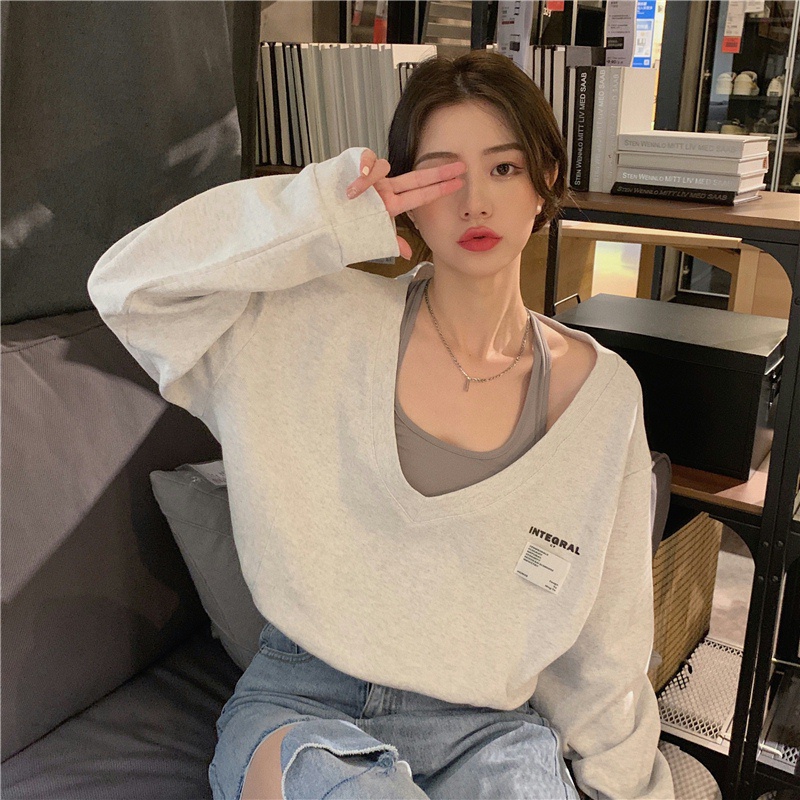 Áo croptop tay dài cổ chữ V có 2 màu tùy chọn phong cách mùa thu Hàn Quốc trẻ trung cho nữ | BigBuy360 - bigbuy360.vn