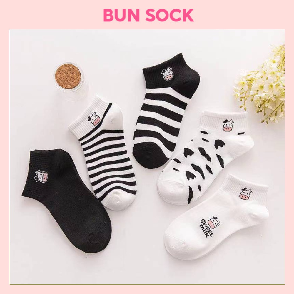 Tất nữ vớ cổ ngắn set 5 đôi bò sữa họa tiết cute phong cách Hàn Quốc trẻ trung chất liệu co giãn thoáng mát
