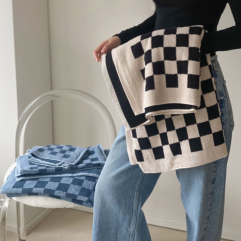 Khăn Lau Mặt / Tay Chất Liệu Cotton Nhanh Khô Họa Tiết Bàn Cờ Độc Đáo