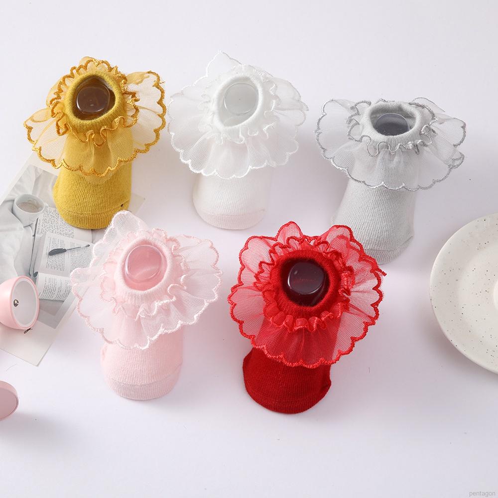 Tất cotton phối ren thoáng khí chống trượt cho bé gái