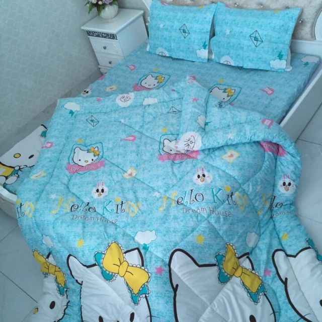 Set chăn phao ga gối kitty xanh