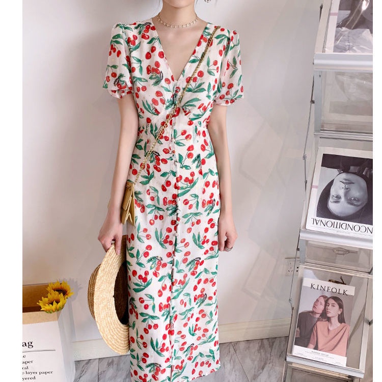 Đầm Maxi Chiffon Tay Phồng Họa Tiết Hoa Phong Cách Pháp Ngọt Ngào Cho Nữ
