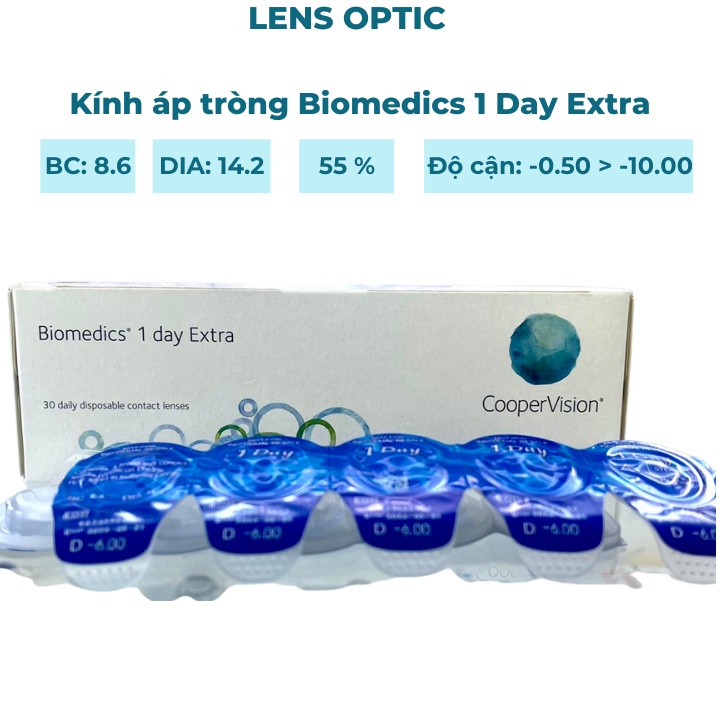 Kính áp tròng Biomedics 1 day Extra, lens 1 ngày không màu có độ cận