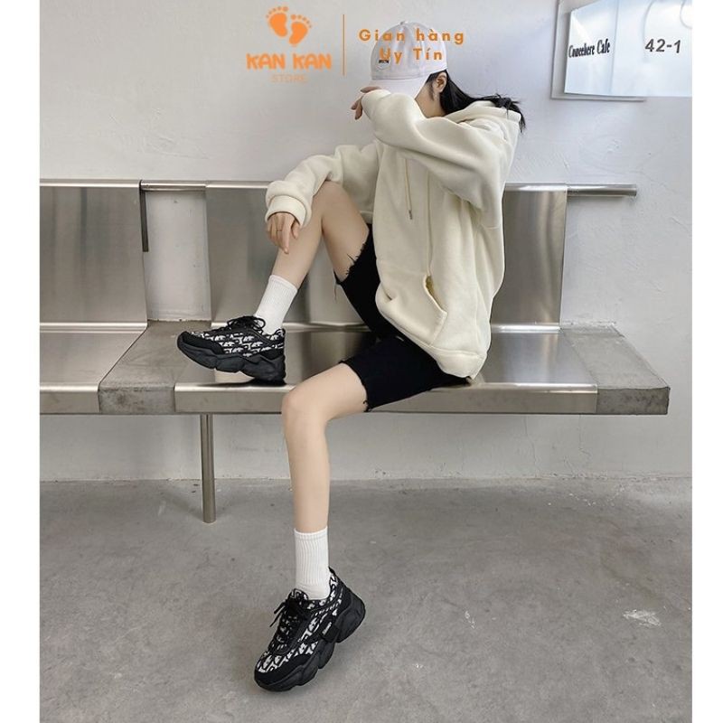 Giày Nữ Sneaker Thể Thao Trắng Đen Độn Đế Cao 5Phân KA051 KanKanStore