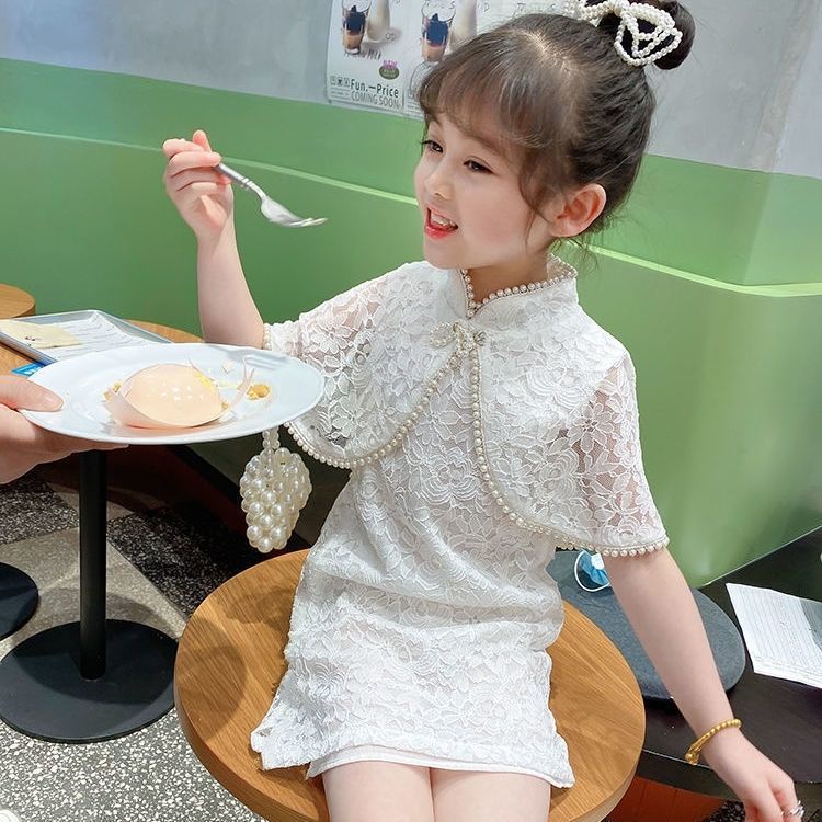 Set Sườn Xám + Áo Choàng Màu Trơn Thời Trang Mùa Hè Dành Cho Bé Gái