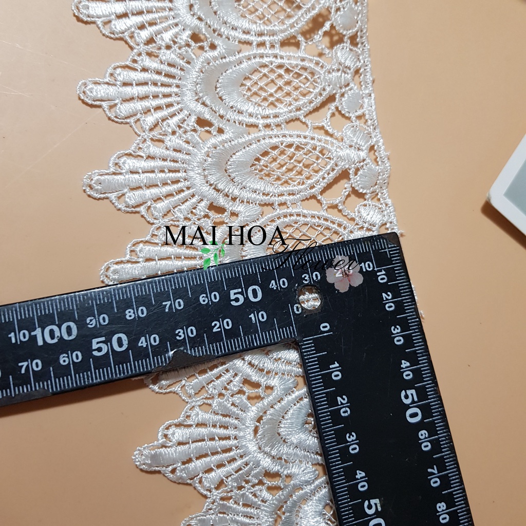 RC39 Cuộn 12 mét ren trắng, ren chỉ kết, bản to 8cm, thêu hoa hồng, dùng trang trí váy áo, đồ thủ công