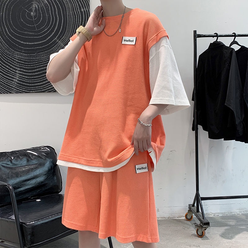 Bộ đồ thể thao dáng rộng giả hai lớp phong cách Hàn Quốc thời trang mùa hè cho nam