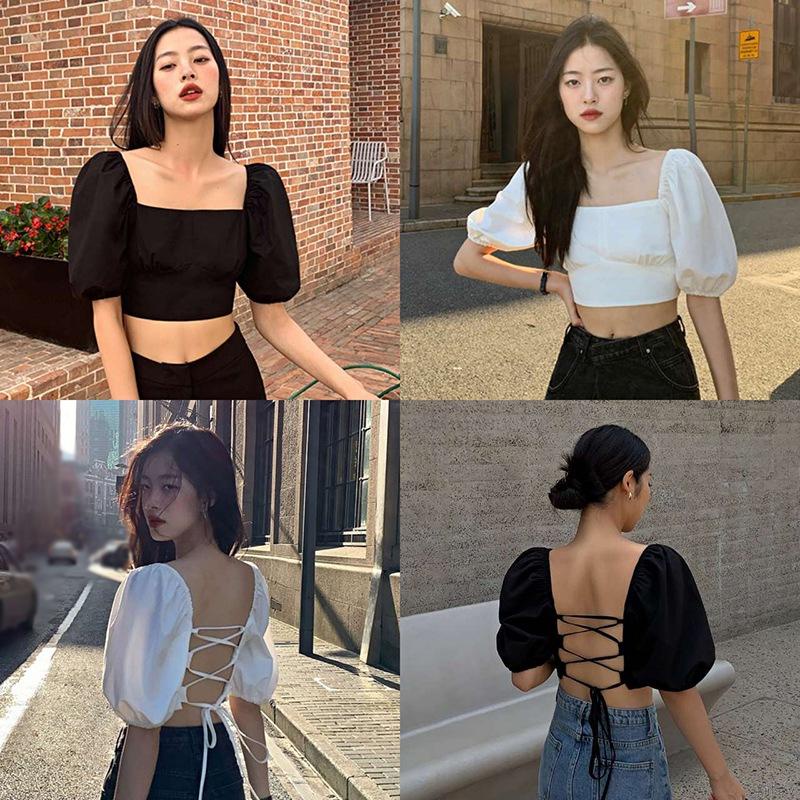 Áo croptop tay ngắn cổ vuông hở lưng màu sắc đơn giản thời trang cho nữ
