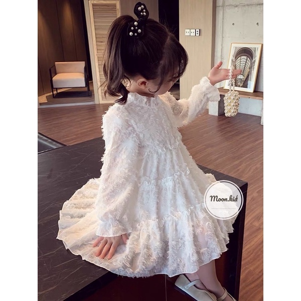 Váy bé gái bèo trắng, đầm công chúa ren lông 2 màu trắng, hồng