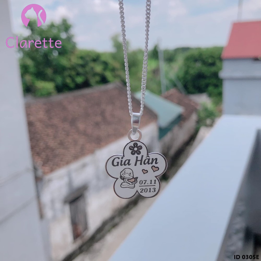 Vòng cổ bạc cho bé hình hoa năm cánh khắc chữ theo yêu cầu Clarette 0305E