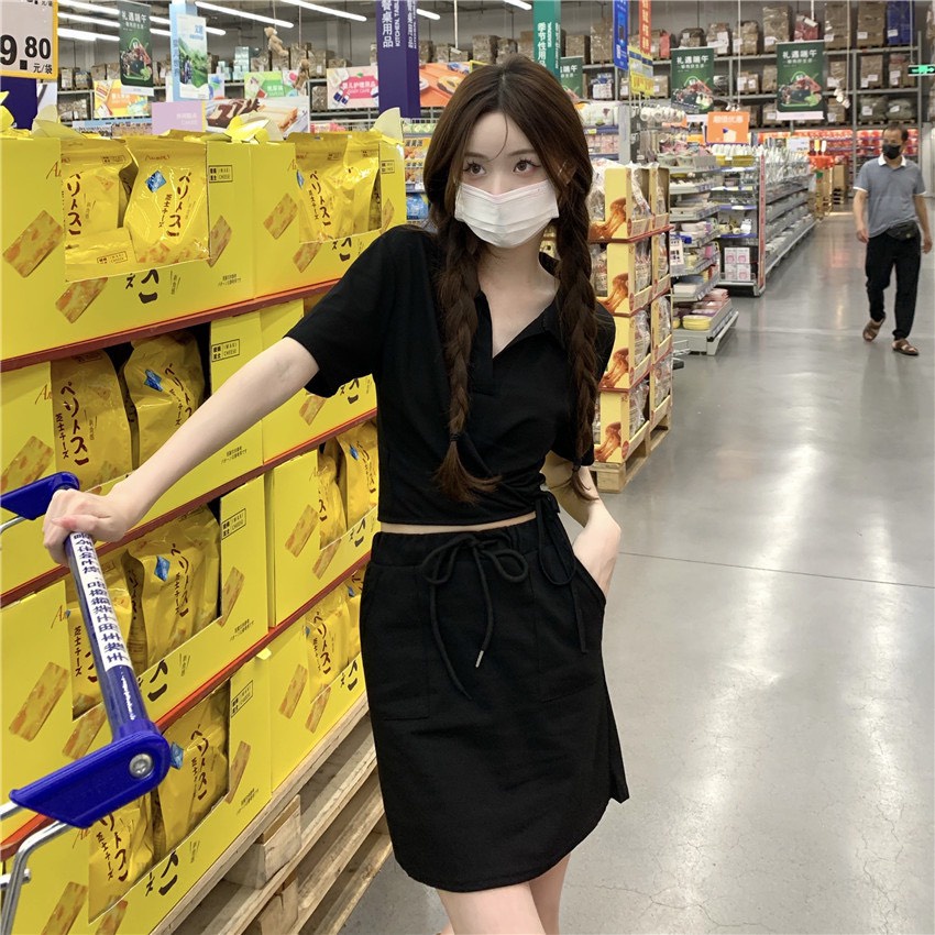 Set Áo Polo Croptop Dây Cột + Chân Váy Trơn LSEOUL B1137 Thoáng Mát Trẻ Trung Năng Động