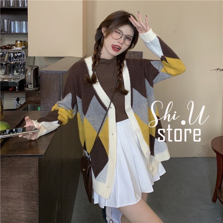 Áo len cadigan hoạ tiết ô trám 2 màu nâu be hàng QC cao cấp Zinstore94 | BigBuy360 - bigbuy360.vn