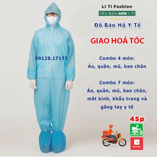 Đồ bảo hộ y tế, quần áo chống dịch màu xanh combo 4 món và 7 món