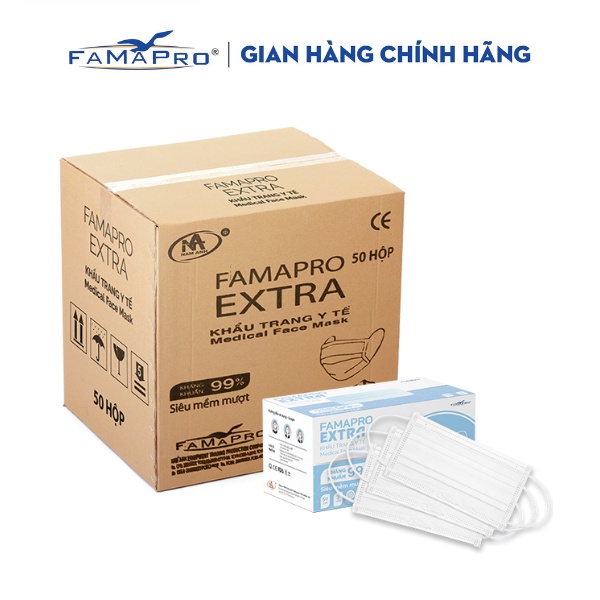 [EXTRA- THÙNG 50 HỘP] Khẩu trang y tế cao cấp kháng khuẩn 4 lớp Famapro Extra (50 cái/hộp)