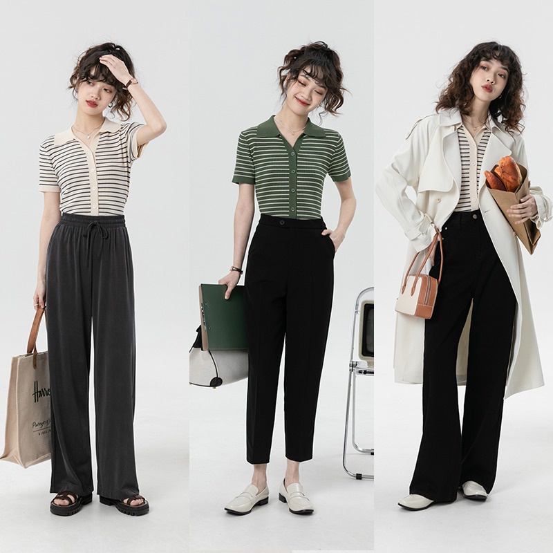 Áo polo ZHELIHANGFEI dệt kim tay ngắn cổ bẻ có nút cài họa tiết kẻ sọc thời trang dành cho nữ