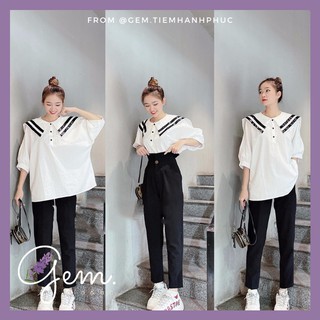 Set áo sơ mi trắng mix quần baggy cạp cao
