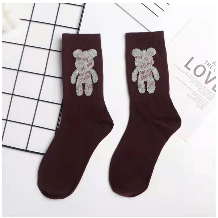 Tất nữ cổ cao họa tiết gấu dày dặn màu vintage phong cách Hàn quốc De Luna