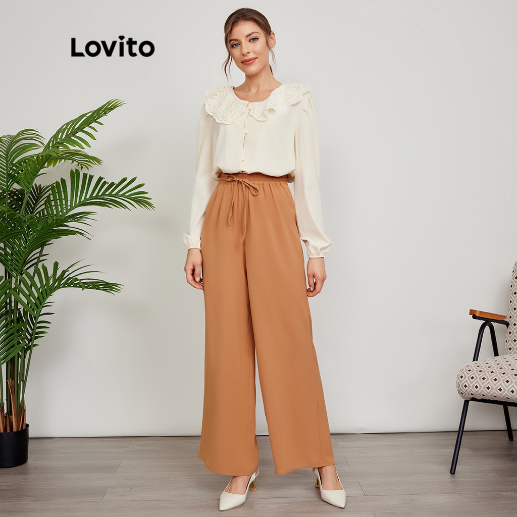 Lovito Quần ống rộng thắt lưng thun trơn vừa phải L24ED111 (Kaki)