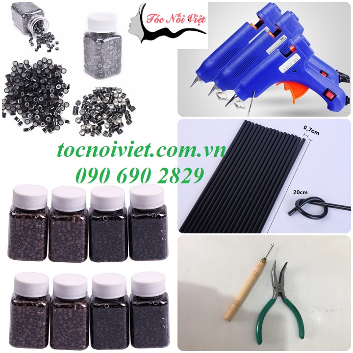 Bộ dụng cụ nối tóc đặc biệt đầy đủ: chì nối tóc+cây móc tóc+kềm bấm chì+keo nến+súng bắn keo