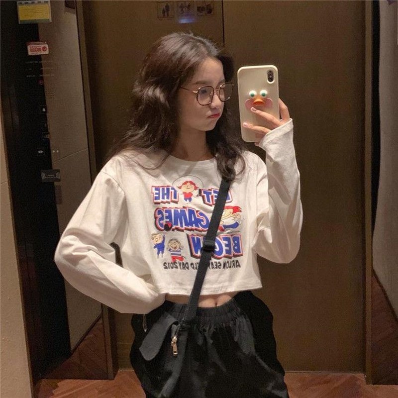 Áo Thun Croptop Tay Dài Kiểu Hàn Quốc 2 Màu Lựa Chọn Cho Nữ