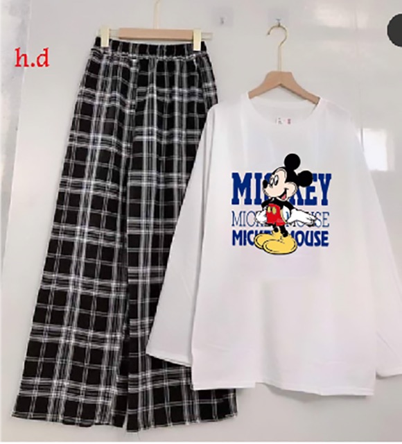 Sét áo mich ki yếm đỏ tay dài + quần kẻ ô , sét áo nam nữ,  sét bộ mặc ở nhà MODY