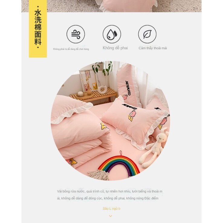 Ins net red cartoon washed cotton bed four piece set Korean princess style girl heart embroidered quilt cover fitted sheet L4Ry