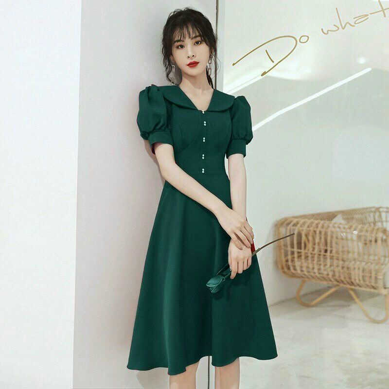 Đầm xòe công sở CỔ SEN NÚT ĐÔI TAY PHỒNG