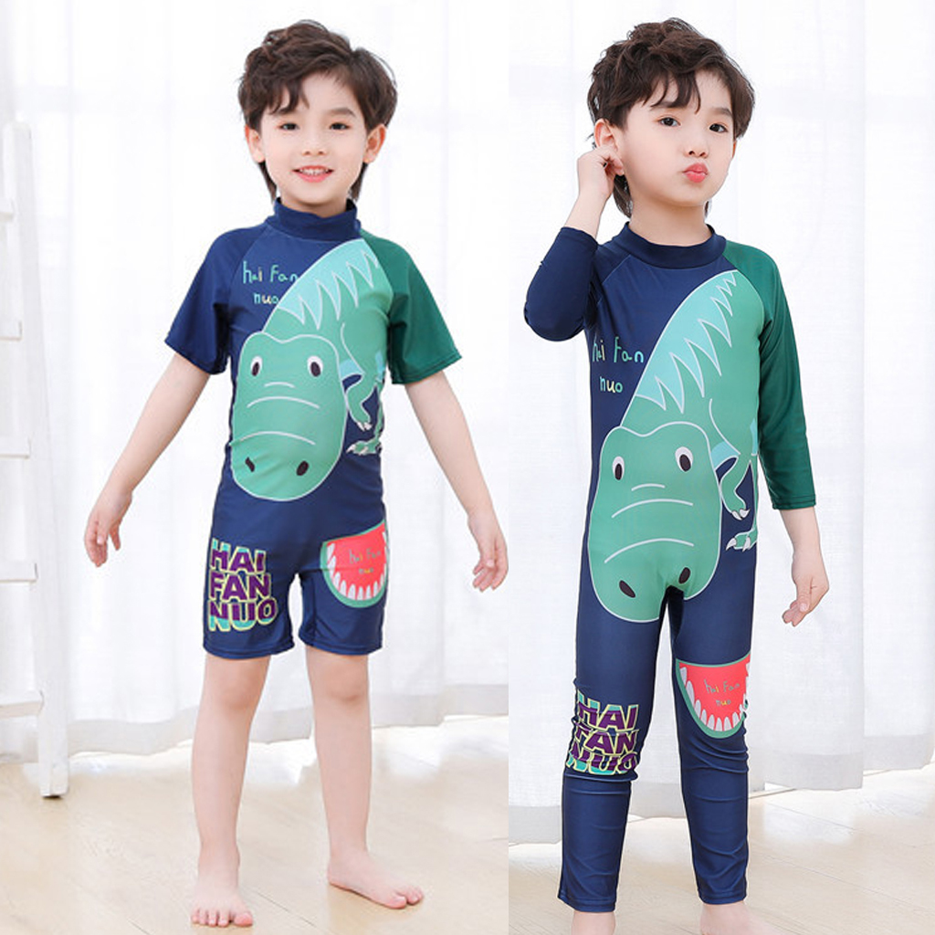 Bộ Đồ Bơi Liền Thân Tay Ngắn/Dài In Hình Khủng Long One Piece Cho Bé Trai