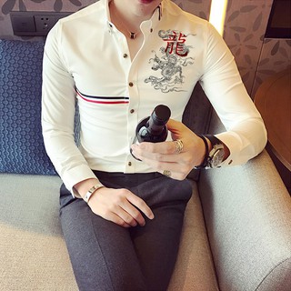 Áo sơ mi nam phối viền họa tiết rồng cao cấp