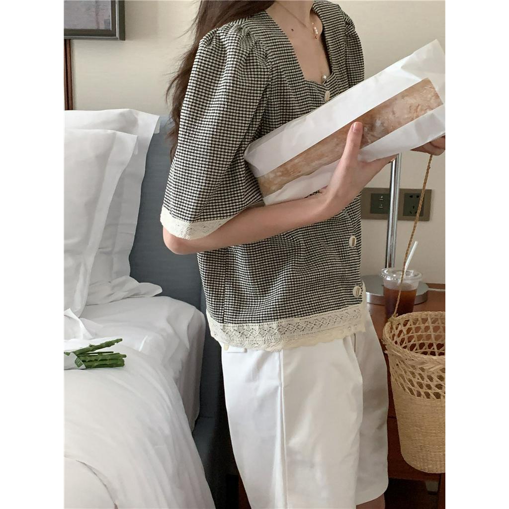 Áo Sơ Mi Kẻ Ô Mềm Mại Ngắn Tay Phối Ren Thanh Lịch 53698