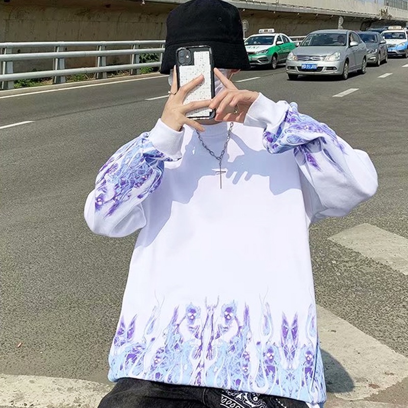 Áo nỉ tay dài in hình ngọn lửa phong cách hip hop thời trang cho nam nữ