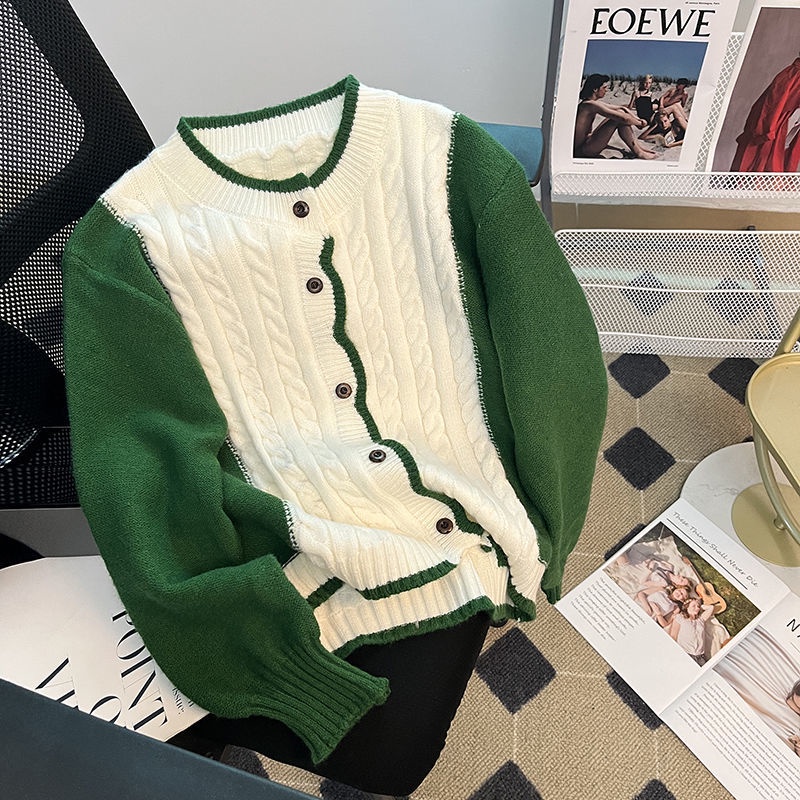 Áo Khoác Cardigan Dệt Kim Màu Sắc Tương Phản Thời Trang Mùa Thu Cho Nữ