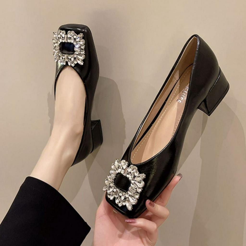 Giày Cao Gót 3Cm Mũi Vuông Đính Đá Thời Trang Cho Nữ