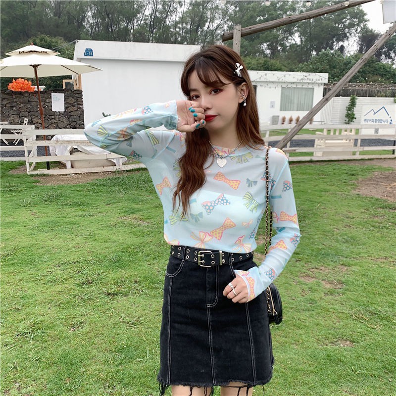 Spot sale sunscreen clothing women's summer 2021 new net yarn bottoming shirt with a thin blouse long-sleeved t-shirt ice silk top