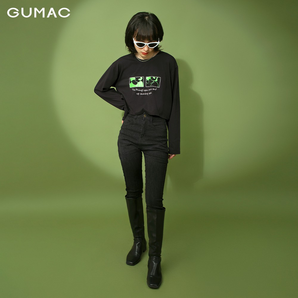 Áo thun croptop nữ in xanh GUMAC màu đen, freesize, phong cách năng động, trẻ trung ATB198 | BigBuy360 - bigbuy360.vn