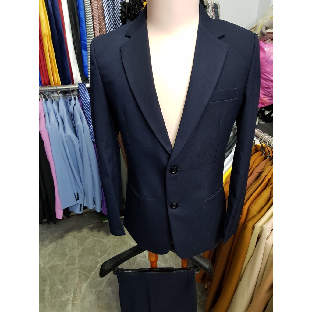 Bộ vest nam màu xanh đen đậm chất vải dày mịn tặng cà vạt sọc và kẹp