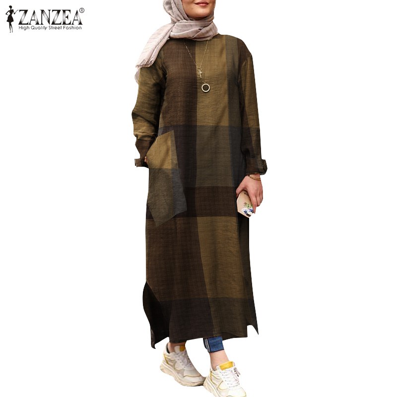 ZANZEA Đầm Maxi Tay Dài In Họa Tiết Caro Cho Phụ Nữ Hồi Giáo