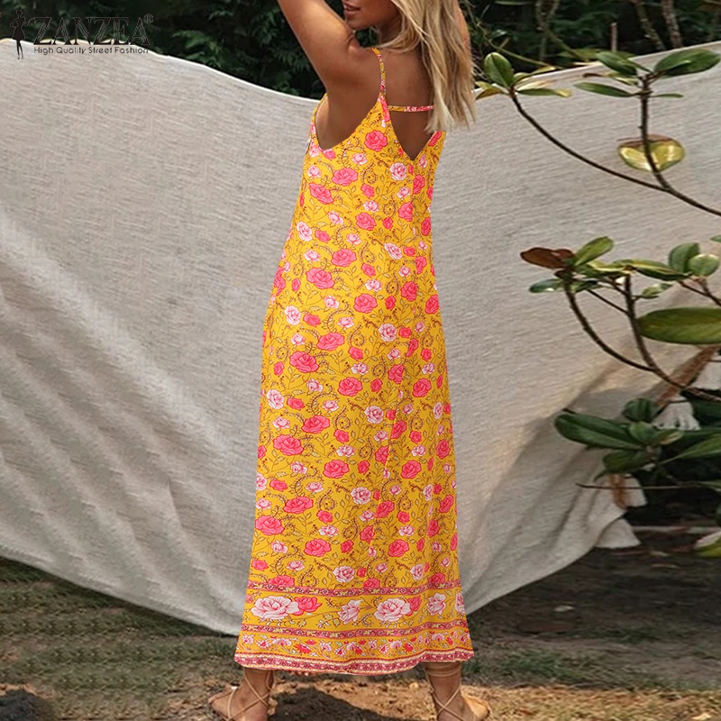 Đầm hai dây Zanzea dáng dài cổ chữ V in họa tiết phong cách Tây Âu trẻ trung thời trang cho nữ